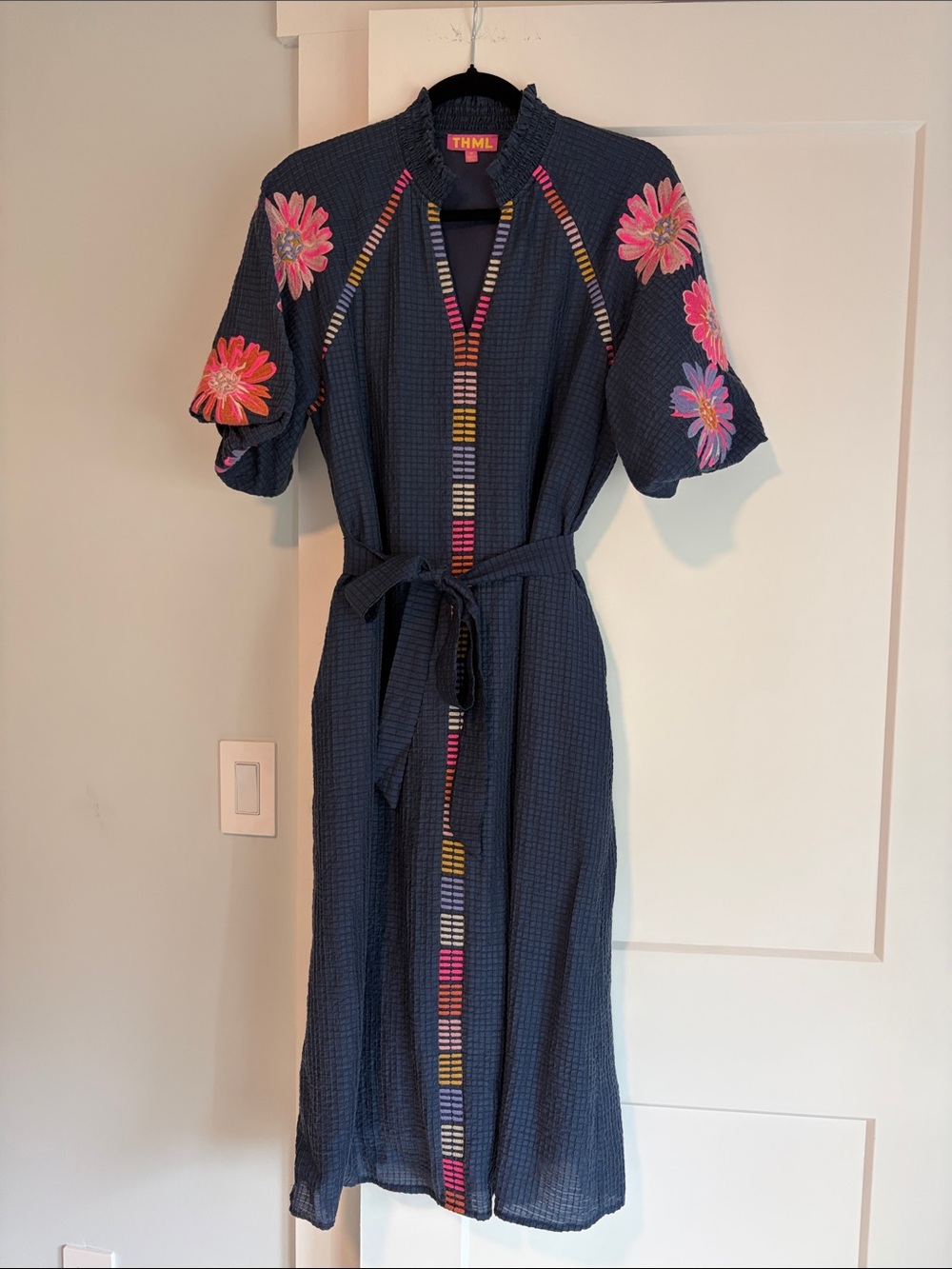 THML Navy Embroidered Floral Dress with Tie Belt